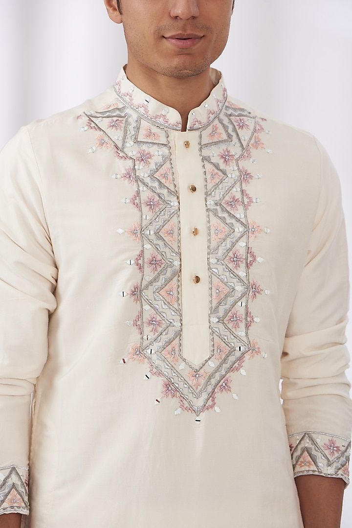 Ivory Cotton Silk Embroidered Kurta Set by Dev Kumar at Pernia's Pop Up Shop