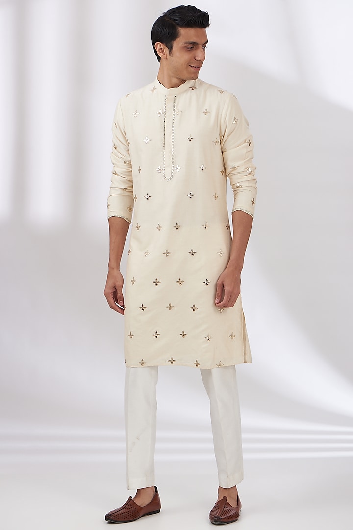 Beige Cotton Silk Embroidered Kurta Set by Dev Kumar