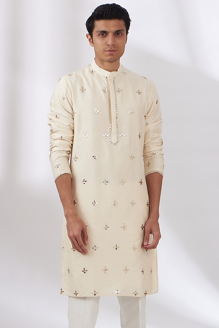 Beige Cotton Silk Embroidered Kurta Set by Dev Kumar at Pernia's Pop Up Shop