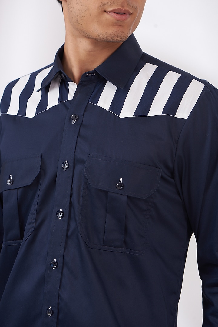 Dark Blue Cotton Satin Party Wear Shirt by Dev Kumar at Pernia's Pop Up Shop