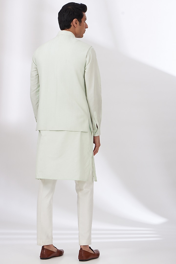 Light Green Raw Silk Embroidered Bundi Set by Dev Kumar at Pernia's Pop Up Shop