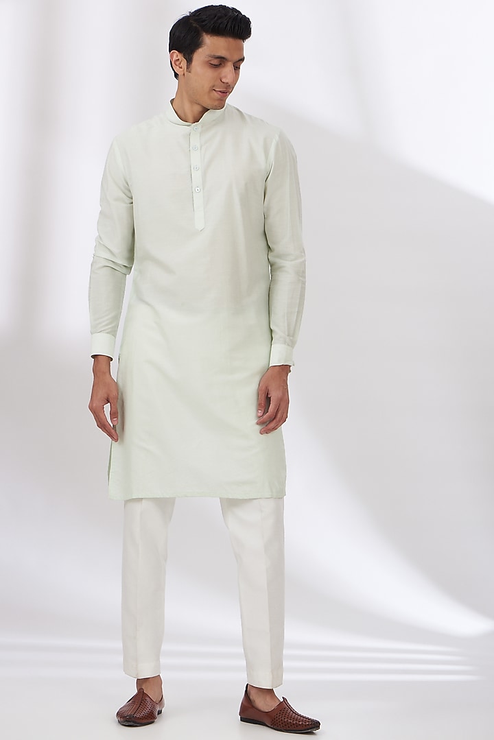 Light Green Raw Silk Embroidered Bundi Set by Dev Kumar at Pernia's Pop Up Shop