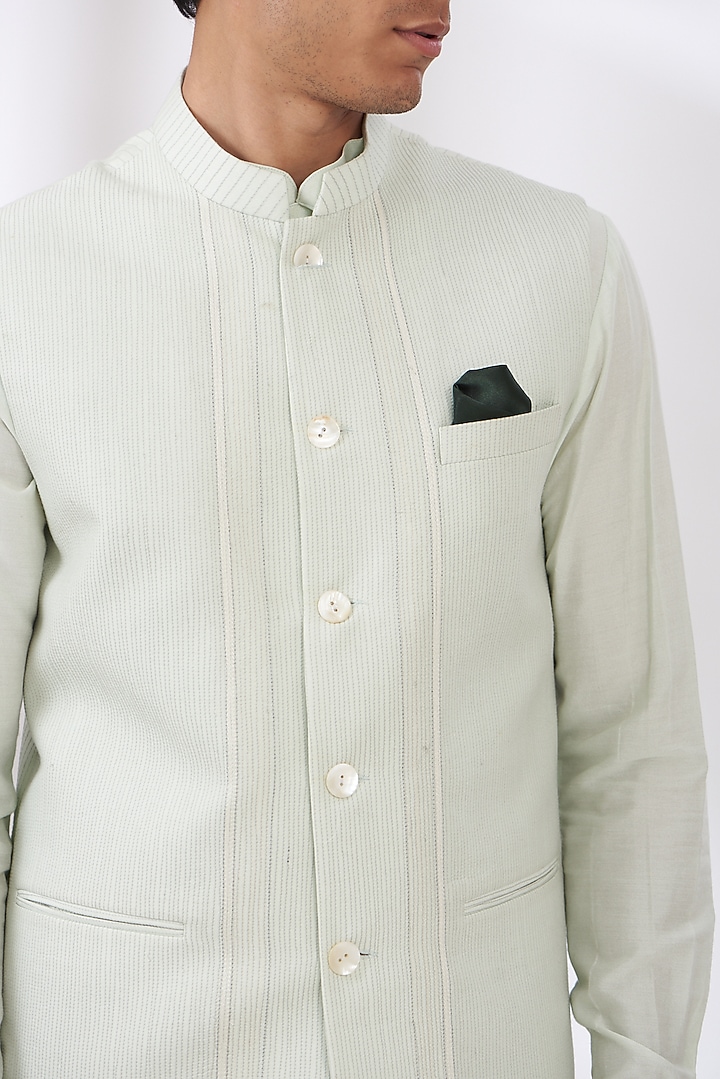 Light Green Raw Silk Embroidered Bundi Set by Dev Kumar at Pernia's Pop Up Shop