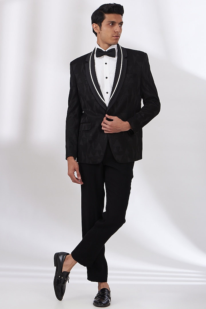 Black Terry Rayon Embroidered Tuxedo Set by Dev Kumar