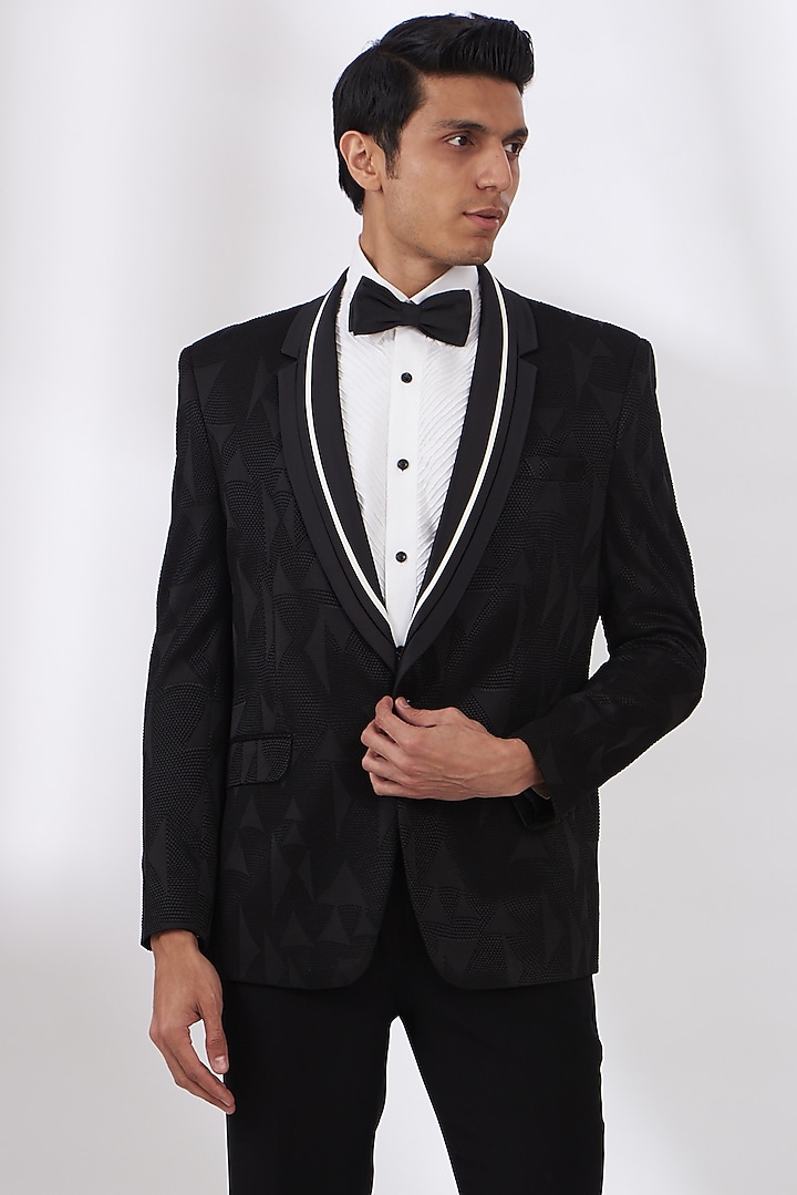 Black Terry Rayon Embroidered Tuxedo Set by Dev Kumar at Pernia's Pop Up Shop
