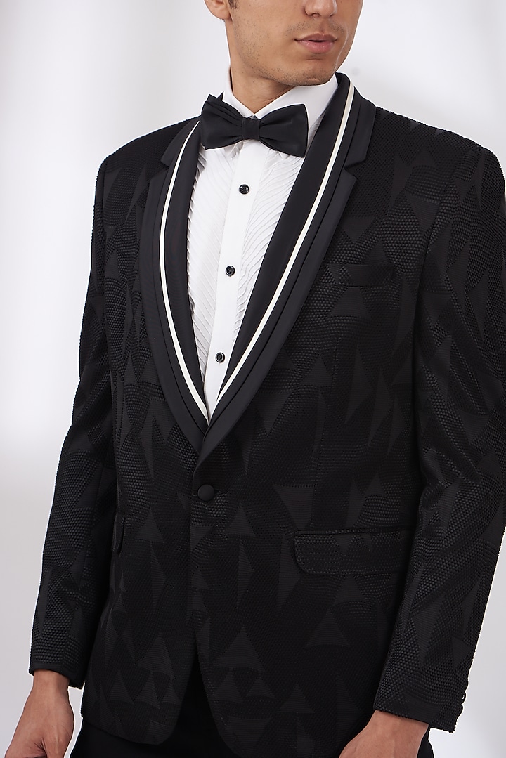 Black Terry Rayon Embroidered Tuxedo Set by Dev Kumar at Pernia's Pop Up Shop