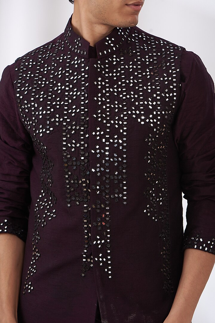 Dark Purple Raw Silk Embroidered Bundi Set by Dev Kumar at Pernia's Pop Up Shop