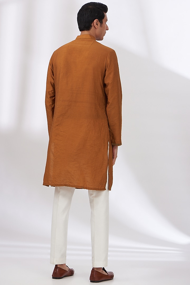 Rust Orange Raw Silk Hand Embroidered Bundi Set by Dev Kumar at Pernia's Pop Up Shop