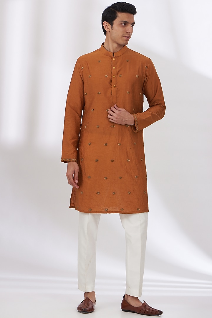 Rust Orange Raw Silk Hand Embroidered Bundi Set by Dev Kumar at Pernia's Pop Up Shop