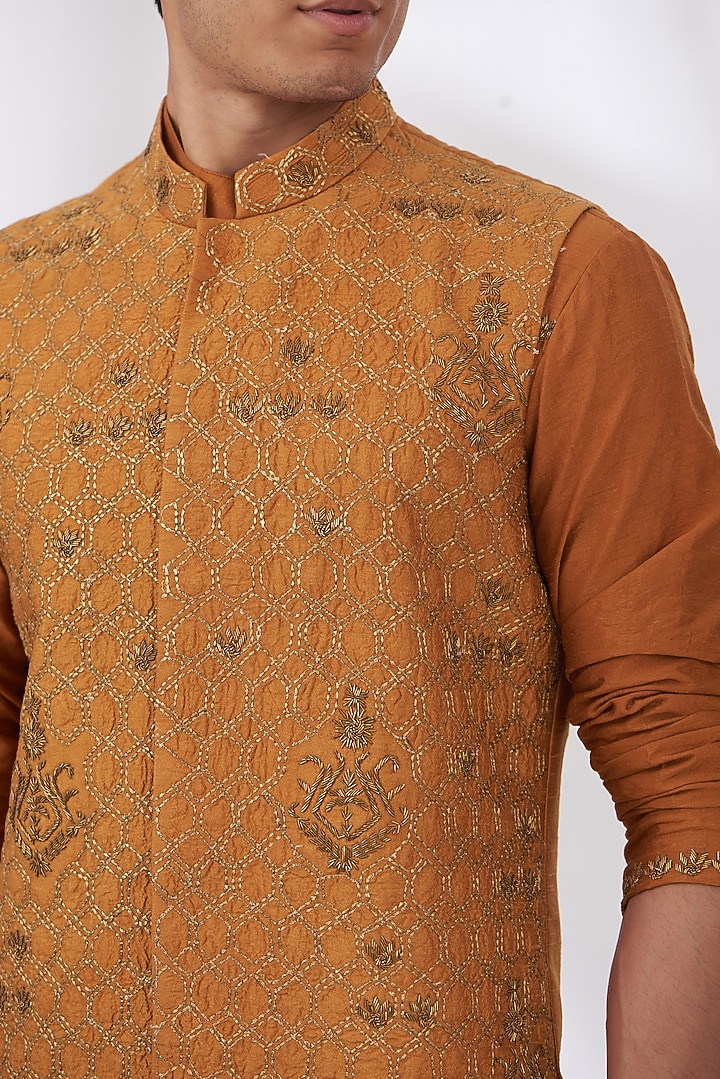 Rust Orange Raw Silk Hand Embroidered Bundi Set by Dev Kumar at Pernia's Pop Up Shop