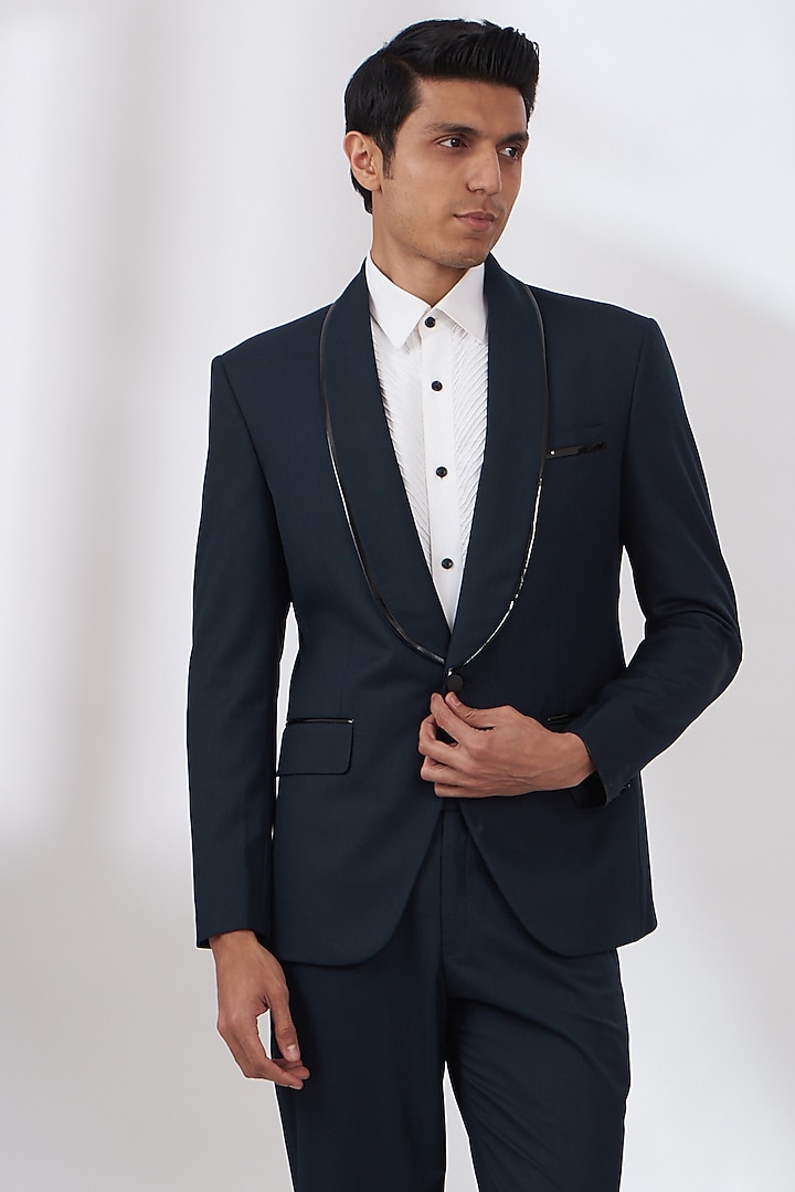 Blue Terry Rayon Tuxedo Set by Dev Kumar at Pernia's Pop Up Shop