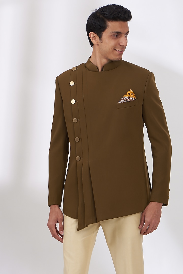 Dark Brown Italian Crepe Wedding Indowestern Set by Dev Kumar at Pernia's Pop Up Shop
