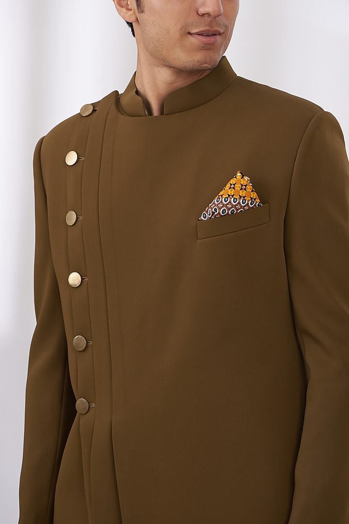 Dark Brown Italian Crepe Wedding Indowestern Set by Dev Kumar at Pernia's Pop Up Shop