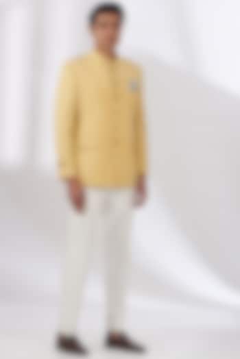 Light Yellow Terry Rayon Bandhgala Set by Dev Kumar