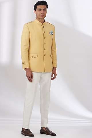 Light Yellow Terry Rayon Bandhgala Set by Dev Kumar