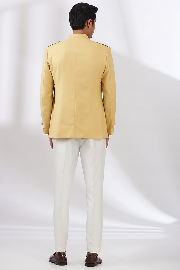 Light Yellow Terry Rayon Wedding Bandhgala Set by Dev Kumar at Pernia's Pop Up Shop