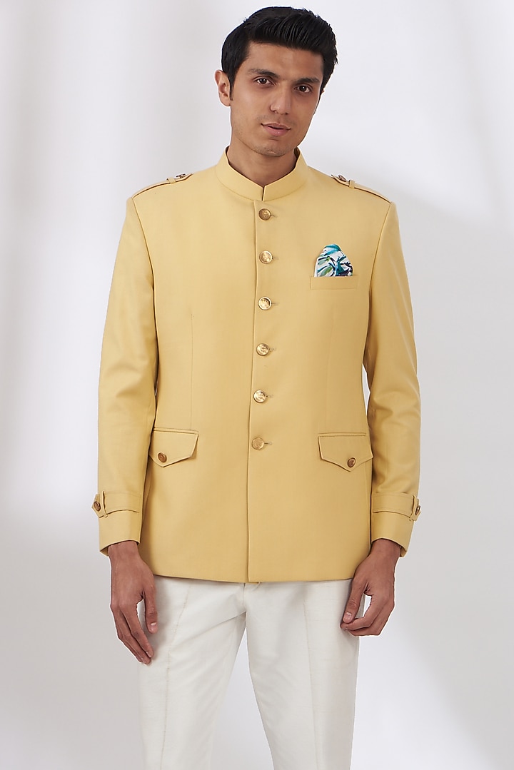 Light Yellow Terry Rayon Wedding Bandhgala Set by Dev Kumar at Pernia's Pop Up Shop