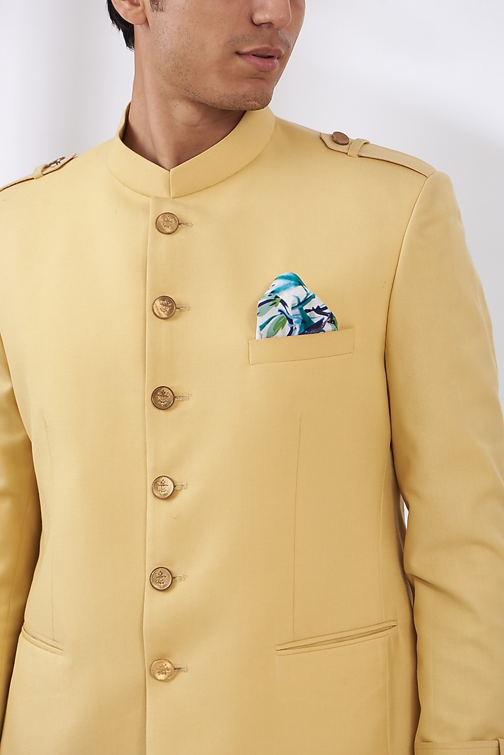 Light Yellow Terry Rayon Wedding Bandhgala Set by Dev Kumar at Pernia's Pop Up Shop