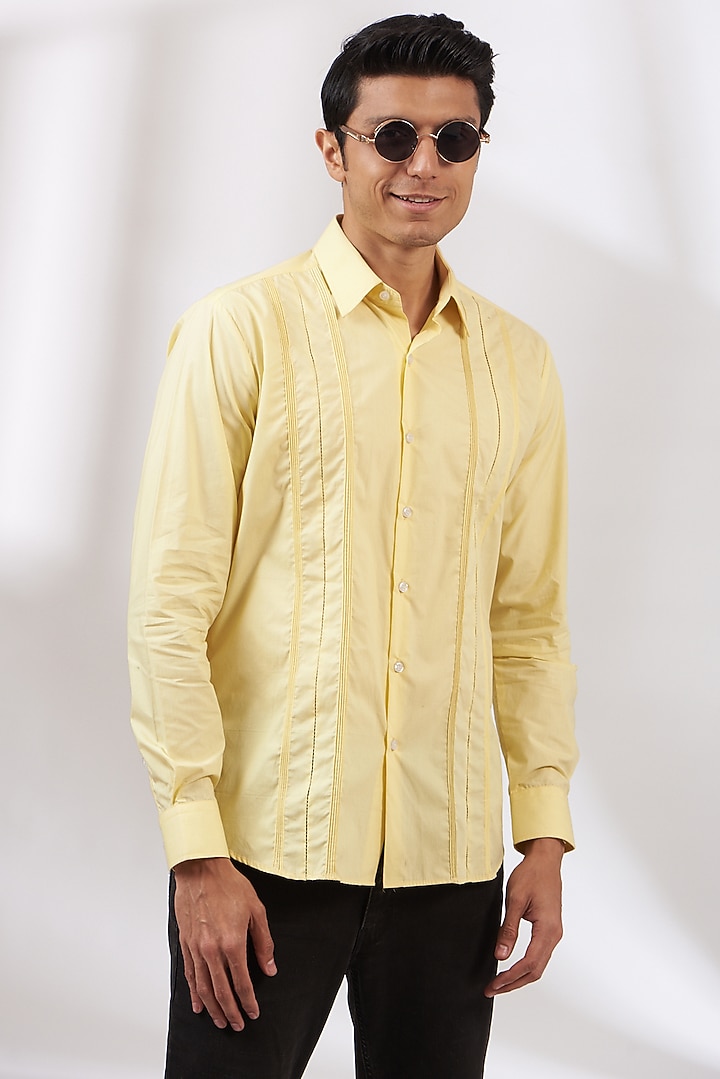 Lemon Yellow Cotton Satin Party Wear Shirt by Dev Kumar at Pernia's Pop Up Shop