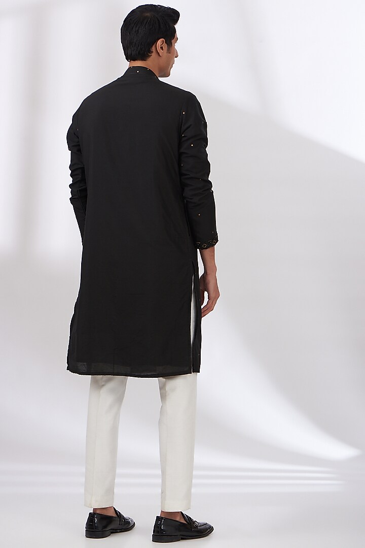 Black Cotton Silk Hand Embroidered Kurta Set by Dev Kumar at Pernia's Pop Up Shop