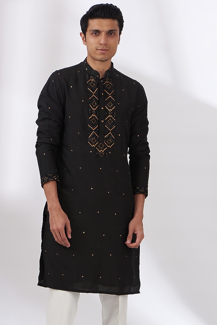 Black Cotton Silk Hand Embroidered Kurta Set by Dev Kumar at Pernia's Pop Up Shop