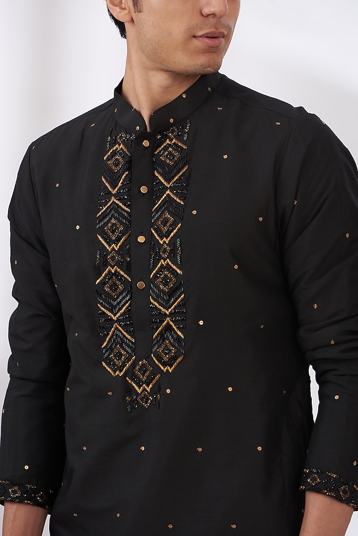Black Cotton Silk Hand Embroidered Kurta Set by Dev Kumar at Pernia's Pop Up Shop