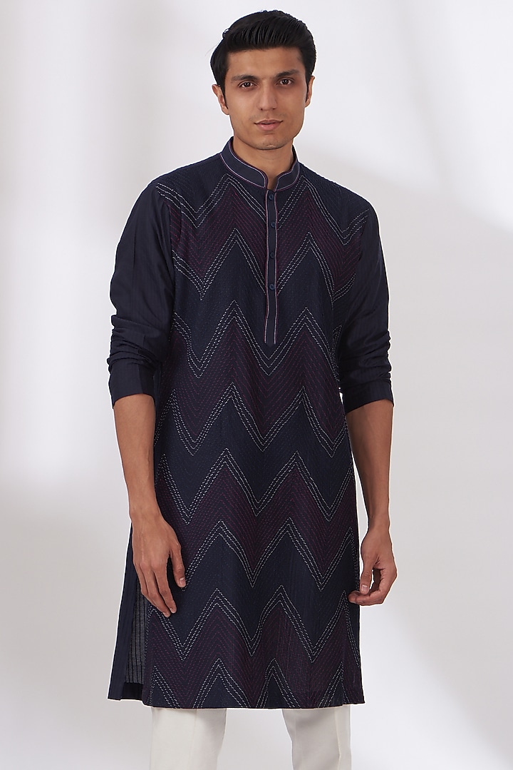 Navy Blue Cotton Silk Kurta Set by Dev Kumar at Pernia's Pop Up Shop