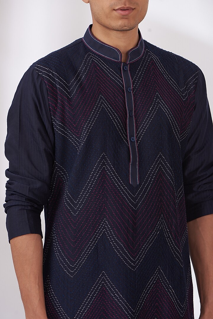Navy Blue Cotton Silk Kurta Set by Dev Kumar at Pernia's Pop Up Shop