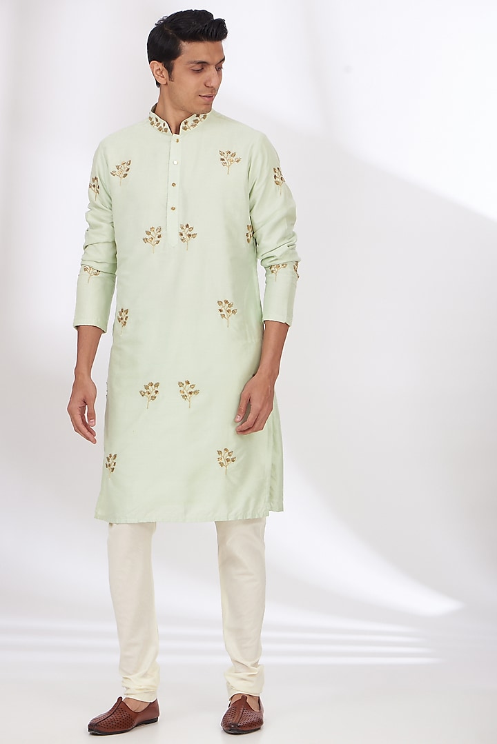 Light Green Cotton Silk Hand Embroidered Kurta Set by Dev Kumar