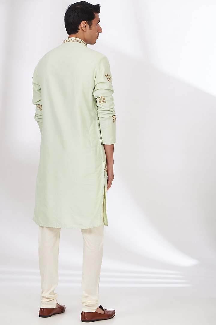 Light Green Cotton Silk Hand Embroidered Kurta Set by Dev Kumar at Pernia's Pop Up Shop