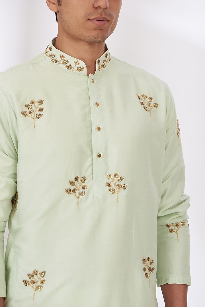 Light Green Cotton Silk Hand Embroidered Kurta Set by Dev Kumar at Pernia's Pop Up Shop