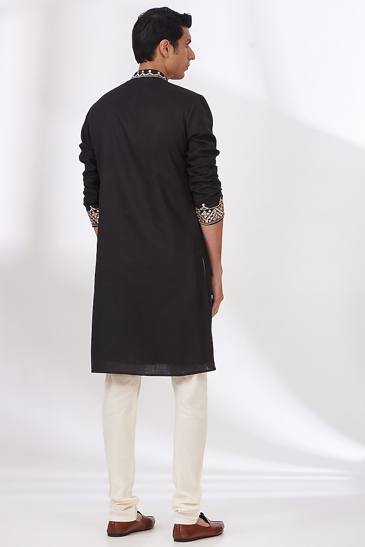 Black Cotton Silk Embroidered Kurta Set by Dev Kumar at Pernia's Pop Up Shop