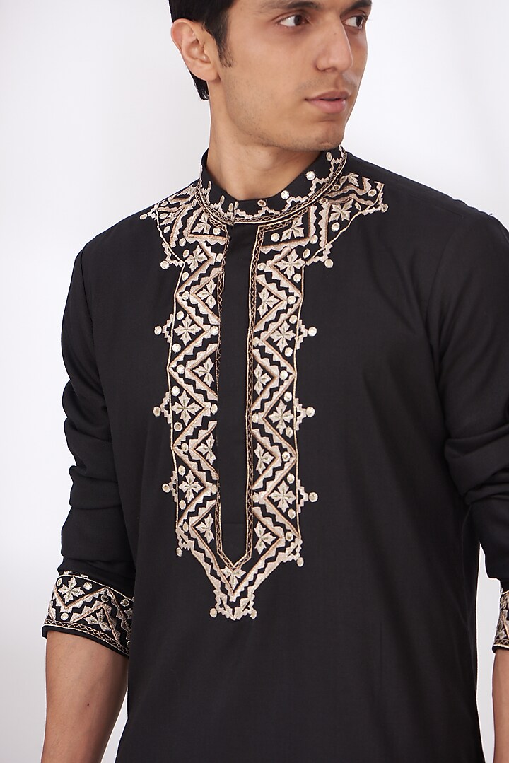 Black Cotton Silk Embroidered Kurta Set by Dev Kumar at Pernia's Pop Up Shop