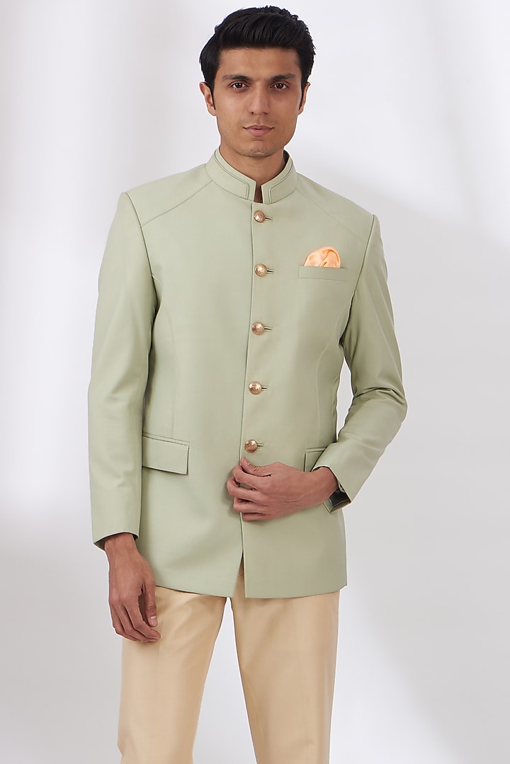 Light Green Terry Rayon Wedding Bandhgala Set by Dev Kumar at Pernia's Pop Up Shop