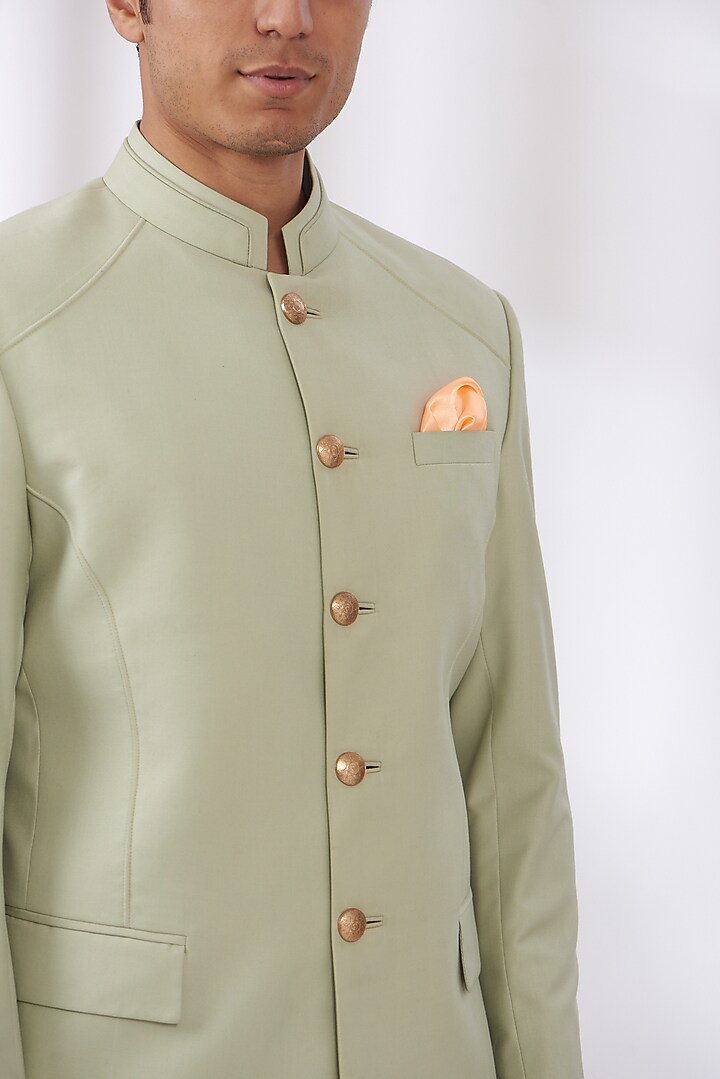 Light Green Terry Rayon Wedding Bandhgala Set by Dev Kumar at Pernia's Pop Up Shop