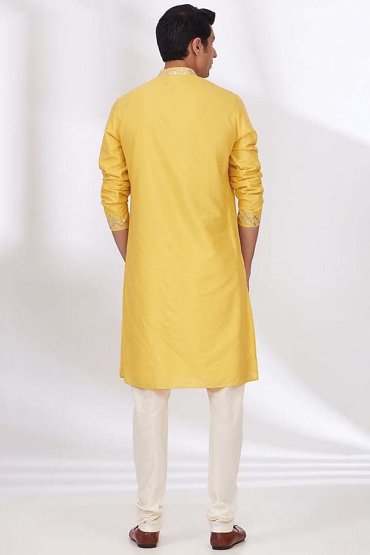 Yellow Cotton Silk Embroidered Kurta Set by Dev Kumar at Pernia's Pop Up Shop