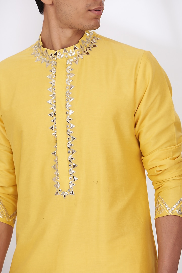 Yellow Cotton Silk Embroidered Kurta Set by Dev Kumar at Pernia's Pop Up Shop