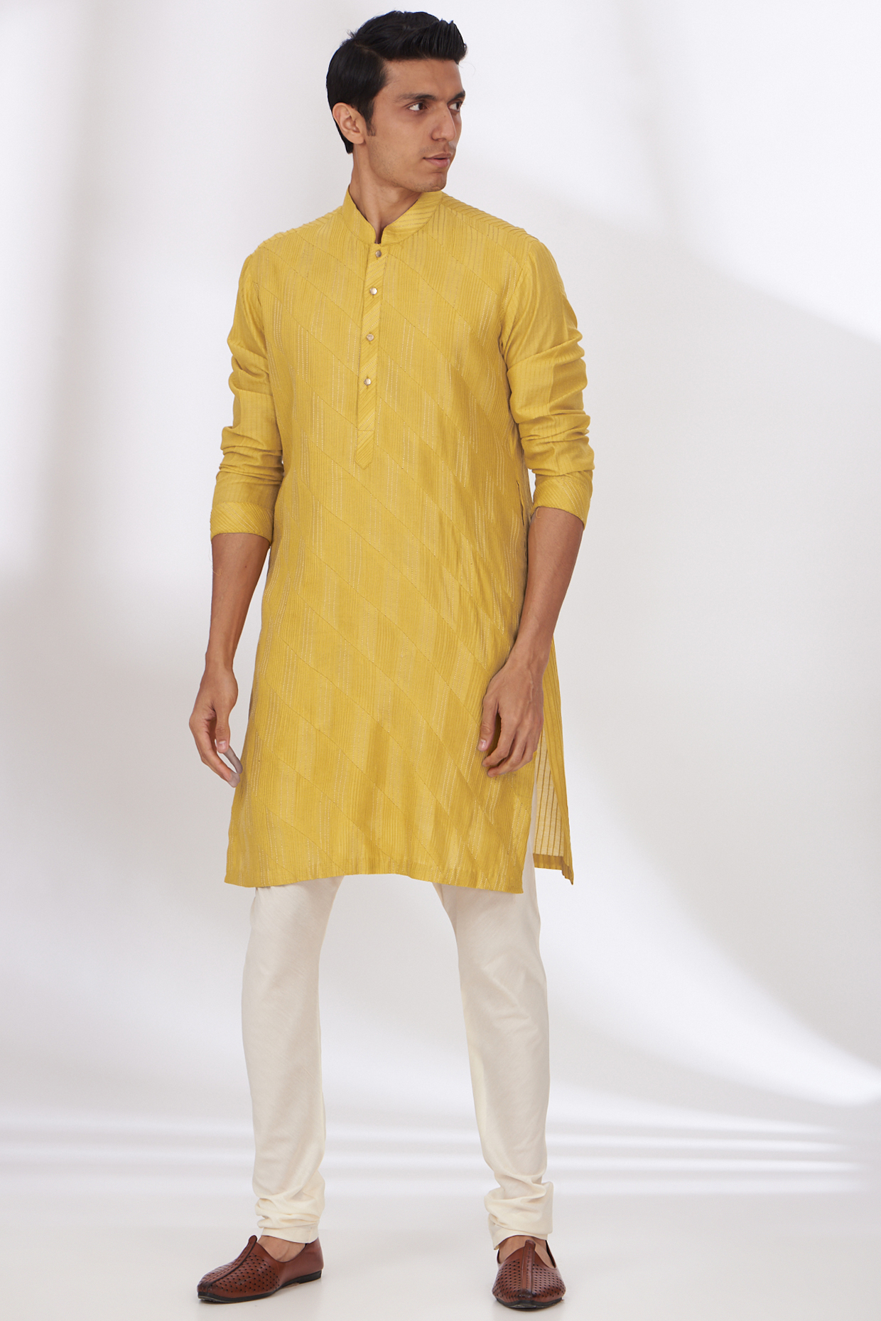 Yellow Cotton Silk Kurta Set by Dev Kumar at Pernia's Pop Up Shop