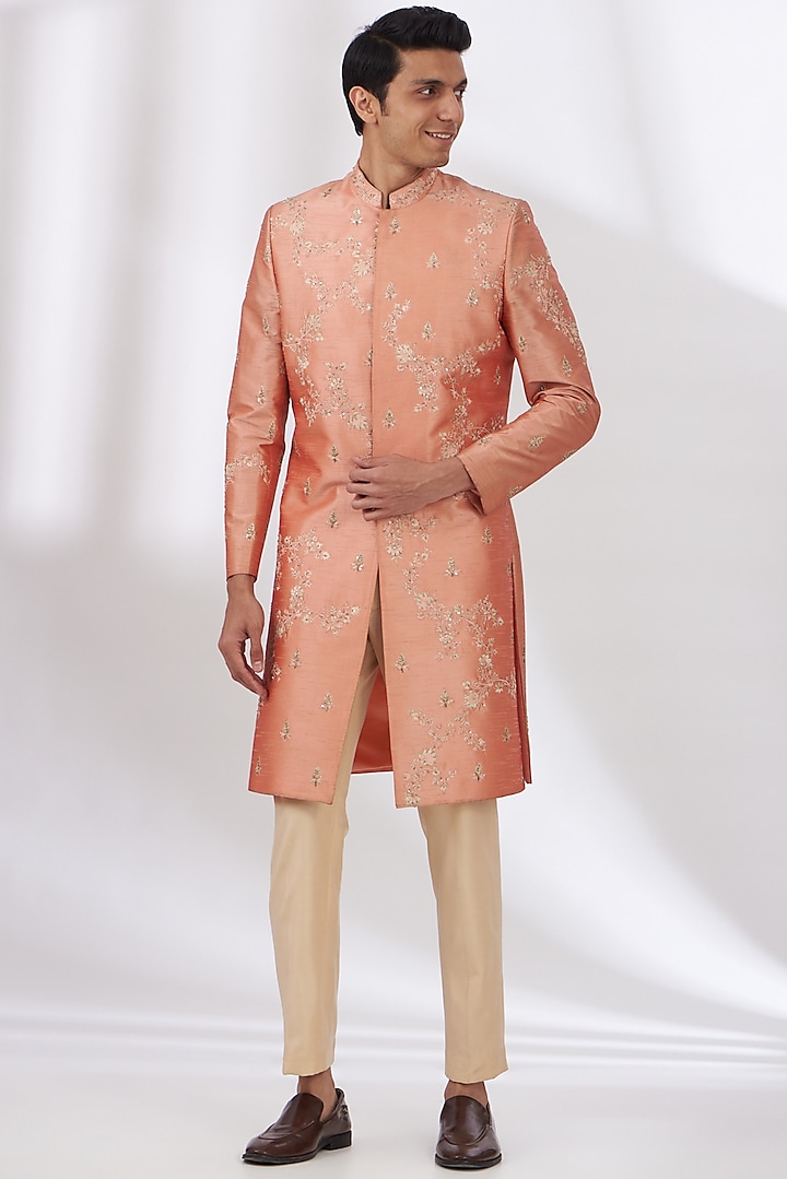 Pastel Peach Raw Silk Hand Embroidered Sherwani Set by Dev Kumar