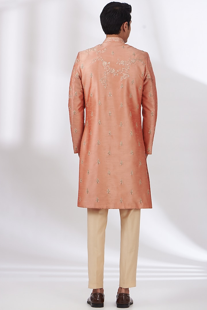 Pastel Peach Raw Silk Hand Embroidered Wedding Sherwani Set by Dev Kumar at Pernia's Pop Up Shop