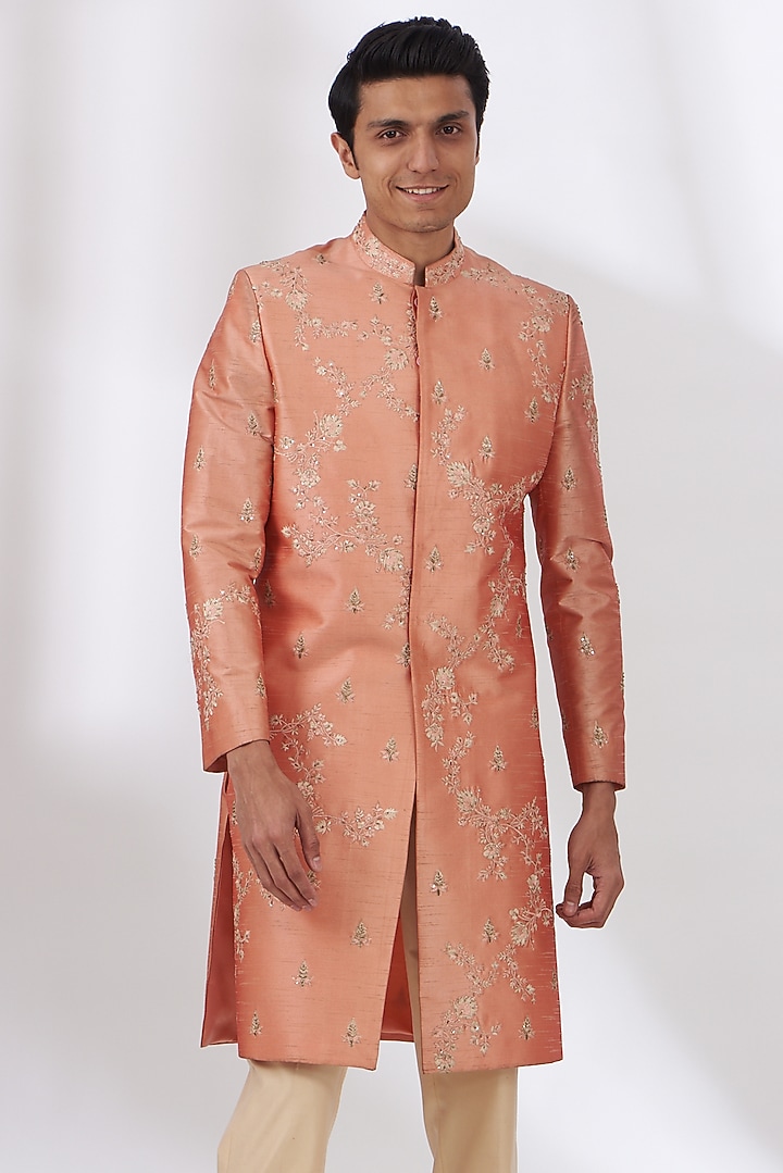 Pastel Peach Raw Silk Hand Embroidered Wedding Sherwani Set by Dev Kumar at Pernia's Pop Up Shop