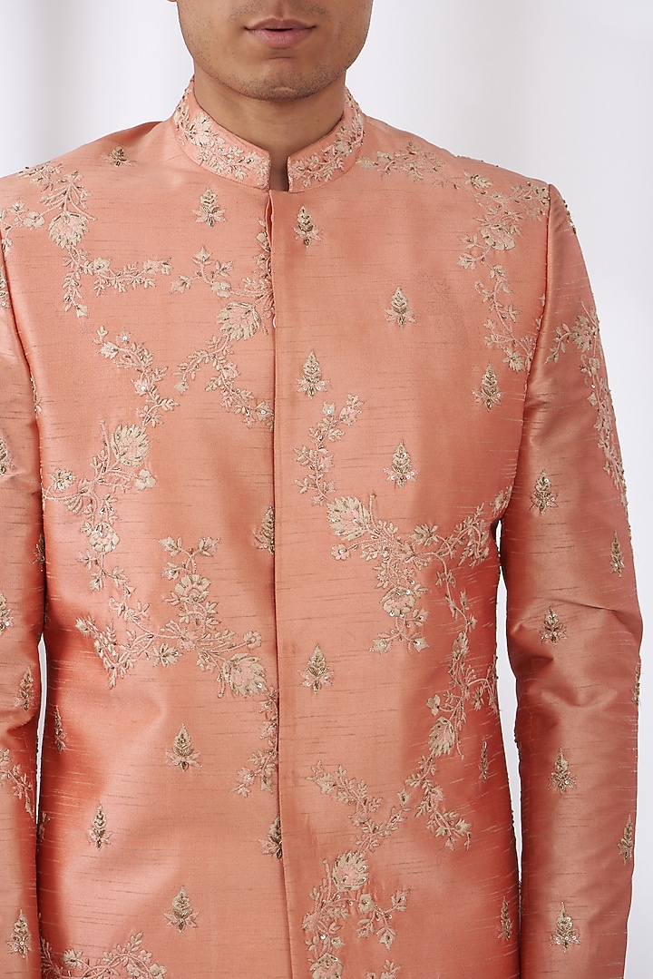 Pastel Peach Raw Silk Hand Embroidered Wedding Sherwani Set by Dev Kumar at Pernia's Pop Up Shop