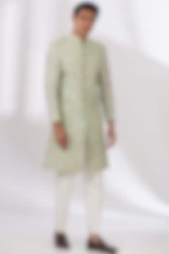 Pastel Green Raw Silk Hand Embroidered Sherwani Set by Dev Kumar