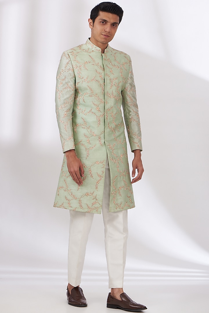 Pastel Green Raw Silk Hand Embroidered Sherwani Set by Dev Kumar