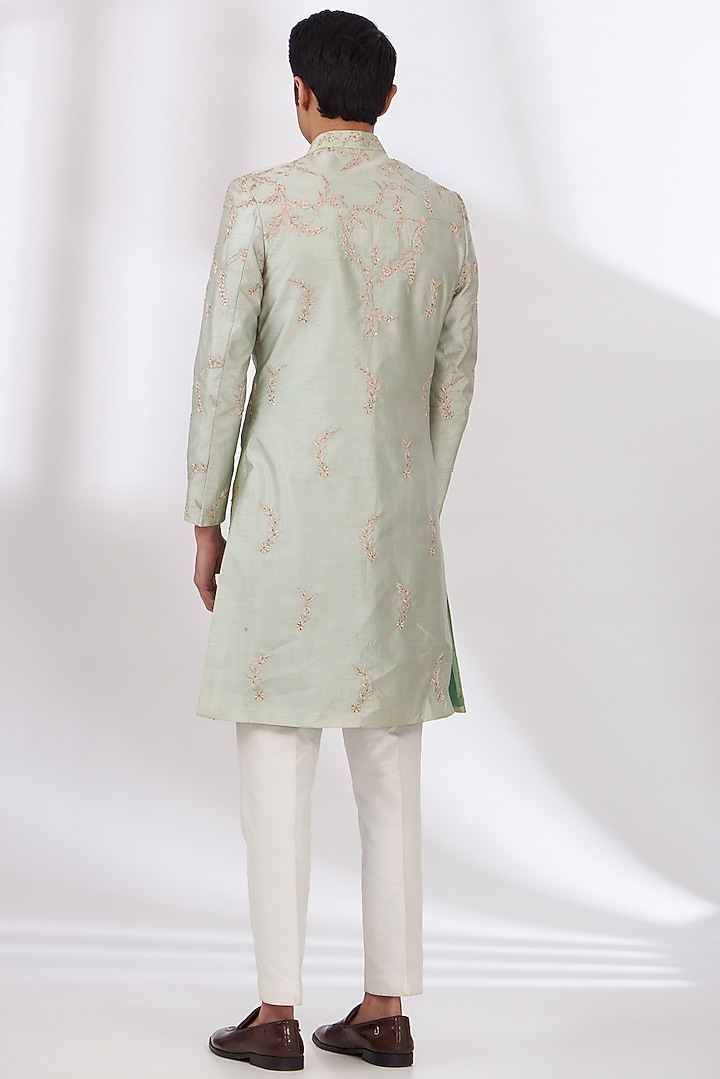 Pastel Green Raw Silk Hand Embroidered Wedding Sherwani Set by Dev Kumar at Pernia's Pop Up Shop