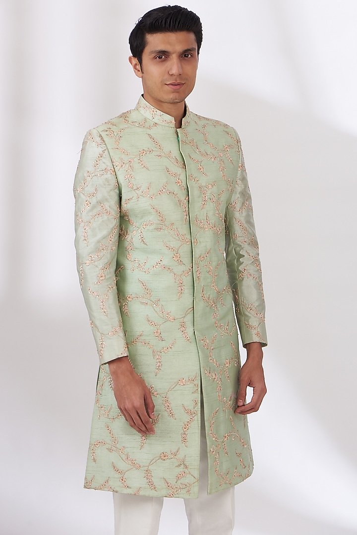 Pastel Green Raw Silk Hand Embroidered Wedding Sherwani Set by Dev Kumar at Pernia's Pop Up Shop