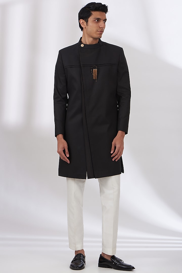 Black Terry Rayon Sherwani Set by Dev Kumar