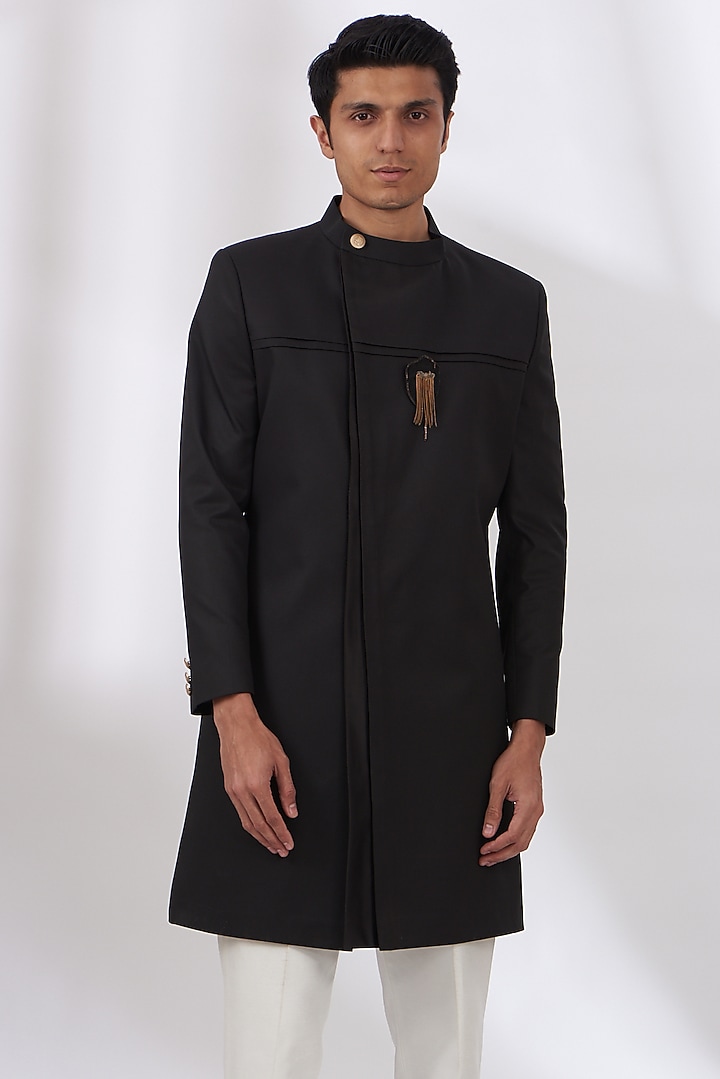 Black Terry Rayon Wedding Sherwani Set by Dev Kumar at Pernia's Pop Up Shop