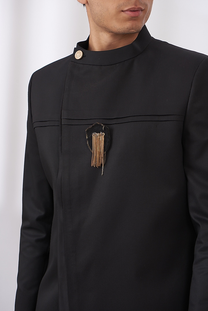 Black Terry Rayon Wedding Sherwani Set by Dev Kumar at Pernia's Pop Up Shop