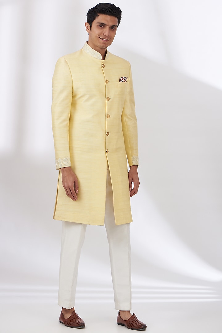 Light Yellow Raw Silk Embroidered Sherwani Set by Dev Kumar